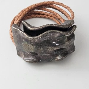 Israel Sterlingsilber Brutalist Armreif Armband geflochtenes Leder verstellbar - Bild 1 von 13