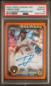 2024 Topps Chrome Update Abner Uribe # 11/25 RC Auto Arancione PSA 10 Brewers POP 1 - Foto 1 di 3