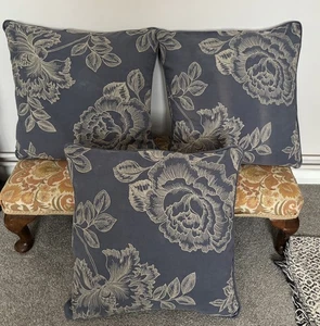 3 x John Lewis Blue Embroidered Linen Mix Cushions with Duck Feather Pads - Picture 1 of 7