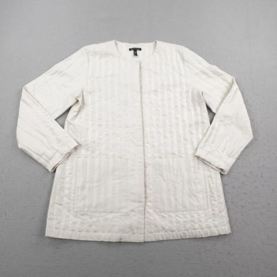 Chaqueta Eileen Fisher Mujer XS Blanca Acolchada Seda A Presión Abrigo Cárdigan Bolsillos Foto 1 de 4