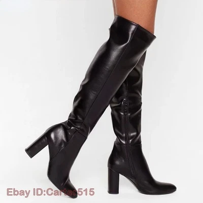 New Women Knee Boots Faux Leather Chunky Heels Round Toe Casual Shoes US 5-20 - Image 1 of 4