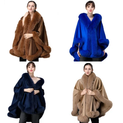 Real Cashmere and Wool Cape Coat Real Fox Fur Trim Shawls Wraps Wedding Party - Image 1 of 4