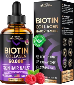 Liquid Biotin & Collagen - 60000 mcg Drops for Hair Growth, Strong Nails, Health - Picture 1 of 7