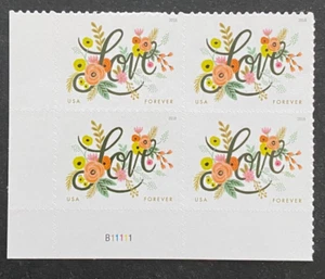 US Stamps, Scott #5255 "Love Issue" plate block Forever (49c) 2018 XF/S Mint - Picture 1 of 2