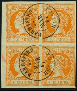 Aragona. Filatelia. Usato 52(4). 1860. 4 Quarti Arancione, Blocco Di Quattro, Bo - Foto 1 di 1