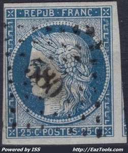 FRANCE CERES 25c BLEU FONCÉ N° 4a AVEC OBLITERATION PC 580 CAHORS LOT - Picture 1 of 2