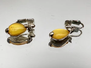 Vintage Clip on Earrings Dangle Drop Yellow stone Silver Metal Signed lc - Picture 1 of 12