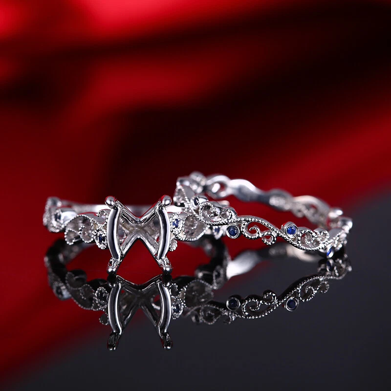 Wedding 0.14CT Sapphires Ring Sets Silver 925 Cushion/Emerald 9x7mm Semi Mount - Image 1 of 4