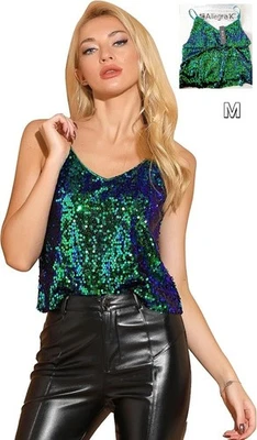 Allegra K Women's Sequined Vest Shining Camisole Club Party Top M 12, Green Blue - Image 1 of 4