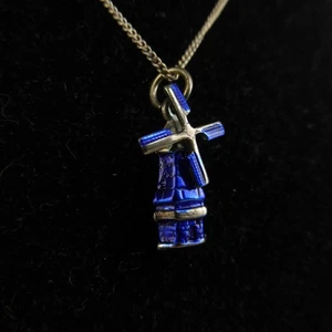 Ausgefallene Sterling Silber 925 blaue Emaille Gelenk Windmühle Anhänger Halskette - Bild 1 von 9