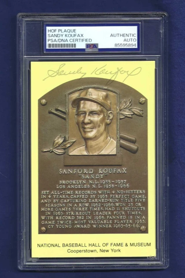 Sandy Koufax Los Angeles Dodgers Baseball Autographed HOF Plaque Postcard PSA - Image 1 of 1