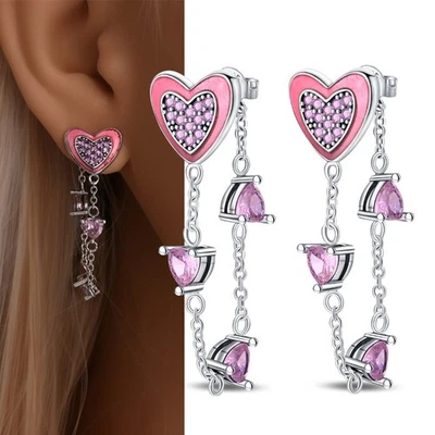 PANDACH 925 Sterling Silver Pink Heart Tassel Stud Earrings For Women Jewellry - Image 1 of 4