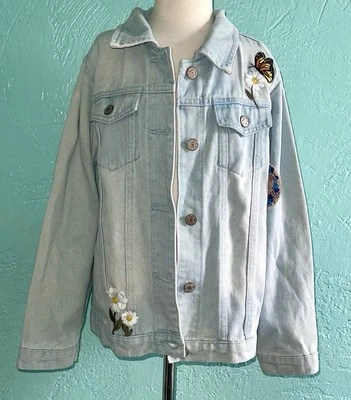 NUEVA Chaqueta Jean SoHo Azul Denim Corte Redondo 14 Niñas Bordada 🦋 Mariposa Margarita Foto 1 de 4