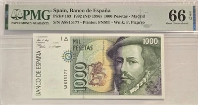 Spain, Banco de España, 1000 Peseta, 1992(ND1996) P163 Uncirculated Graded 66 - Image 1 of 2