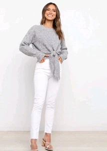 Neu mit Etikett Blütenblatt + Welpe fesselnder Strickpullover gerippter Ausschnitt Taille zum Binden grau Gr. S/M - Bild 1 von 12
