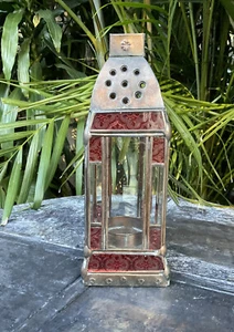 Moroccan Style Lantern For Candle Or Tealight 30 cm- Red trim Balinese - Picture 1 of 4