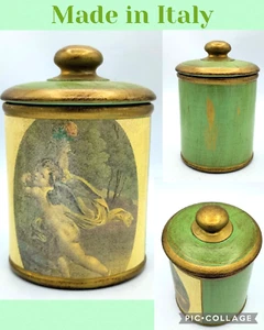 Italian Pottery Ceramic Canister Jar Cherub Angel Green Gold Distressed 7" - Picture 1 of 10