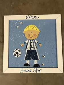 Soccer Star Nathan Wall Art Cork Board Push Pins Handmade Blue White - Picture 1 of 7