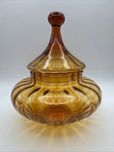 Vintage Empoli Art Glas Bernstein Bonboniere Deckel Schale Deckel Optik Italy MCM - Bild 1 von 6
