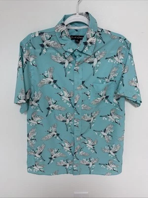 Just Attitude Button Up Short Sleeve Teal W Swans/Floral Collar Shirt Men’s Sz M - Image 1 of 4