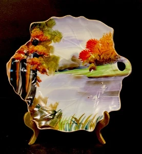 Hang Painted Signed Leaf Shaped Candy Dish Japan 6.25x6” With Brass Stand MCM - Picture 1 of 7