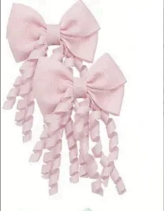 Pink Bow Curly Ribbon Grosgrain Adorable Hair Bow Clip Girl Hair Barrette Set - Picture 1 of 4