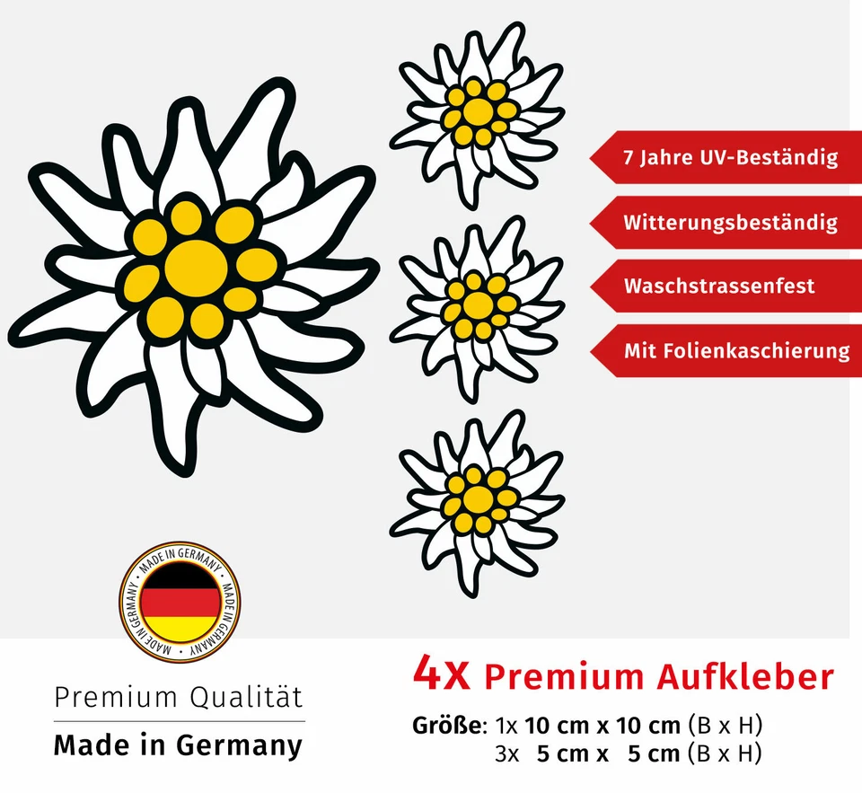 ORAGARD Alpen Edelweiss Aufkleber Set 4x PREMIUM Sticker Bayern UV-Beständig Wetterfest