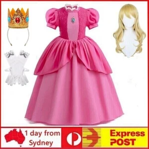 Girls Super Mario Princess Peach Costume Dress Party Book Week Crown Gift 3-10Yr - Picture 1 of 25