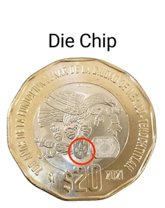 Die Chip error in $20 pesos 700 años de la Fundacion Lunar d Mexico-Tenochtitlan - Picture 1 of 3