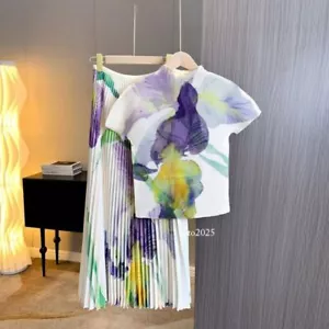 Pleated Elegant Slim Fit T-Shirt Flower Pleated Skirt Two-Piece Set Fashion Set - Picture 1 of 24