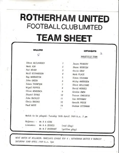 Teamsheet - Rotherham United Reserves v Mansfield Town Reserves 1988/9 - Picture 1 of 1