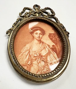Antique FRENCH EMPIRE oval PICTURE FRAME photo MINIATURE brass ORMOLU bow/ribbon - Picture 1 of 11