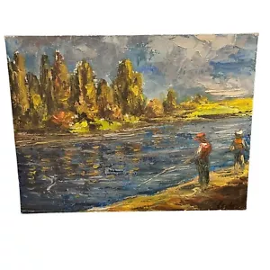 Impressionism Oil On Canvas Painting Father Son Fishing River 16x12 Signed Erdou - Picture 1 of 16