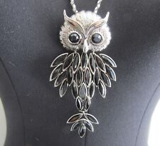 Signed Butler Owl Pendant Necklace/Brooch with Black Navettes - 4 1/4" Long