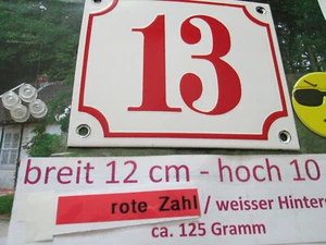 Hausnummer Emaille  Nr. 13 rote Zahl auf weißem Hintergrund 12 cm x 10 cm  - Picture 1 of 10