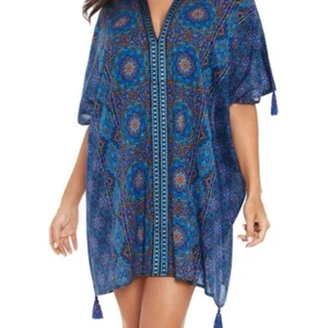 MiracleSuit Danube Bleu Tassel Tunic Caftan Cover Up Women’s Small Blue Mosaic - Picture 1 of 13