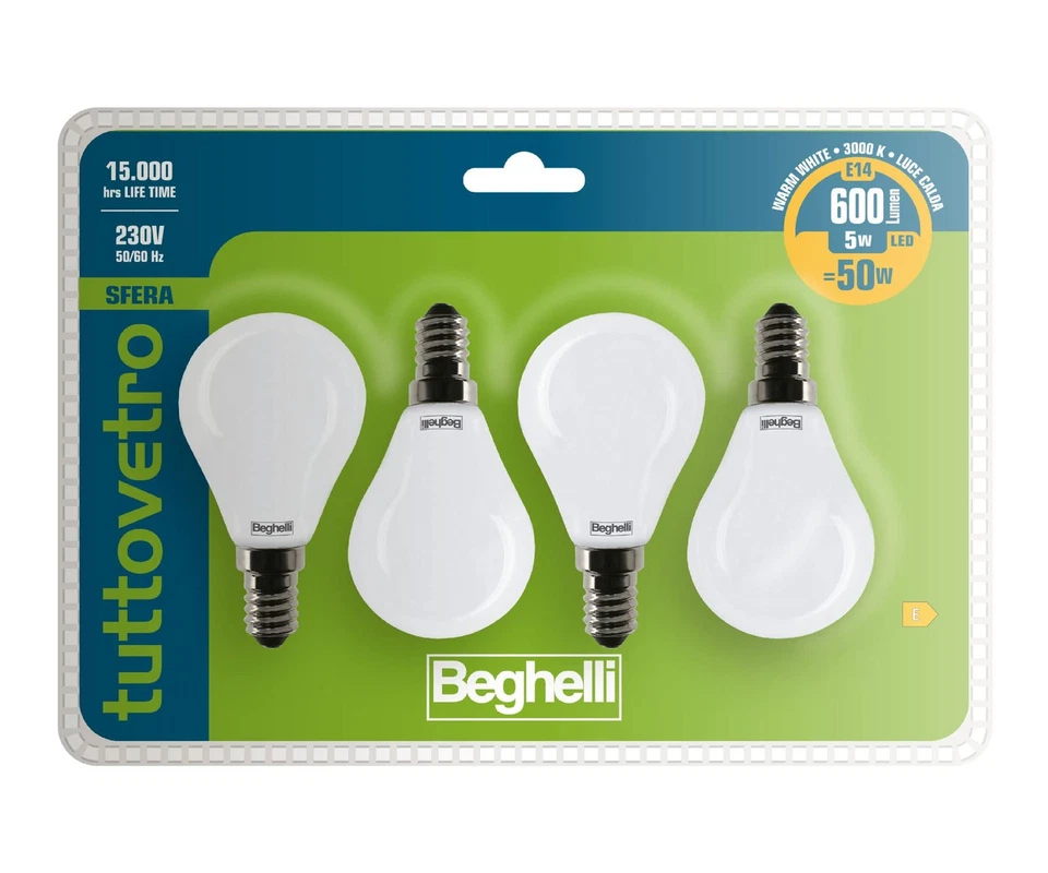 Beghelli Lampadina LED E14 TUTTOVETRO Luce Calda Sfera 5W 600lm 3000K Vetro - Immagine 1 di 1