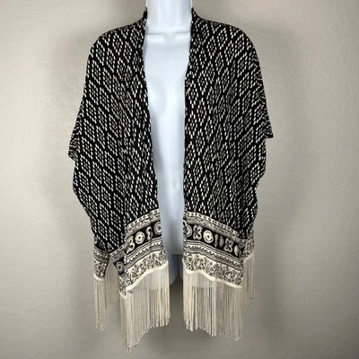 Cárdigan Abercrombie & Fitch Kimono Flecos Negro Blanco Bohemio Encubrimiento Chal OS Foto 1 de 4