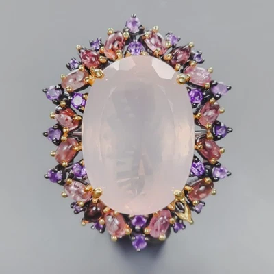 Joyería 45 ct+ Anillo Cuarzo Rosa Natural Plata de Ley 925 Talla 8.5/R437544 Foto 1 de 4