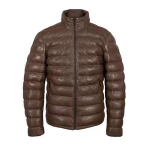 Men's Real Leather Puffer Jacket Soft Lambskin Brown Quilted Winter Jacket - Picture 1 of 5