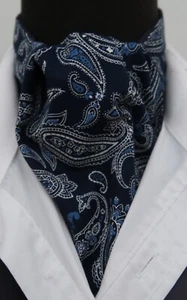 Mens Navy Blue and White Paisley Cotton Ascot Cravat / Pocket square - Picture 1 of 6