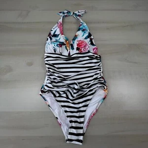 Cupshe Women Maternity Swim Suit Medium Black White Striped Floral One Piece New - Picture 1 of 10