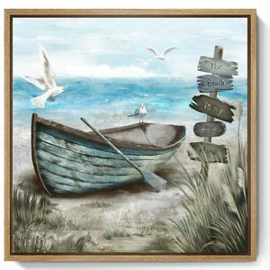 Framed Wall Art Beach Décor Ocean Canvas Picture Coastal Artwork Sea Bird Boa... - Picture 1 of 9
