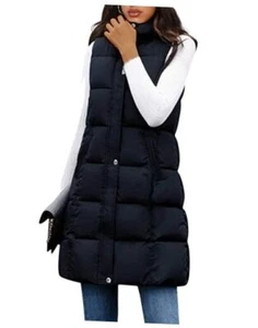 Women's Long Puffer Vest Casual Sleeveless Puffy Jacket with Medium Black - Picture 1 of 5
