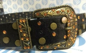 Black Western Leather Belt Bling Crystal Diamond Studded Fashion waistband - Picture 1 of 4