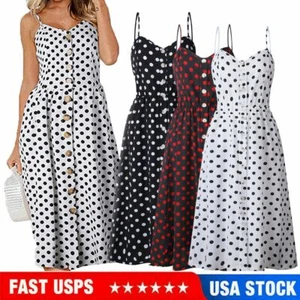 Women Boho Long Dress Polka Dot Maxi Lady Evening Cocktail Party Beach S-2XL US - Picture 1 of 15