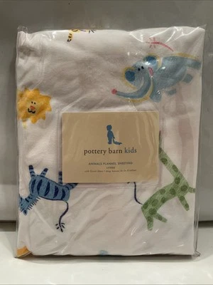 Pottery Barn Kids Flannel Fitted Crib Sheet 100% Cotton Safari Animals VTG NEW - Image 1 of 4