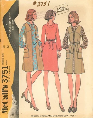 McCall's 3751 Shift Dress w Roll Collar & Coat Vest w Patch Pockets Sz 20 CUT - Image 1 of 4