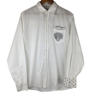 Camisa Ed Hardy Tiger Bordada Abotonada Blanca Y2K Tatuaje Ropa de Calle Talla M Foto 1 de 4