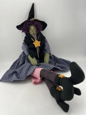 VTG Primitive Folk Art Halloween Green Witch doll Purple Hair Plaid Dress 32” - Image 1 of 4